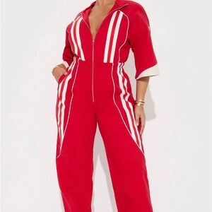Red Women's Jumpsuit with White Stripes